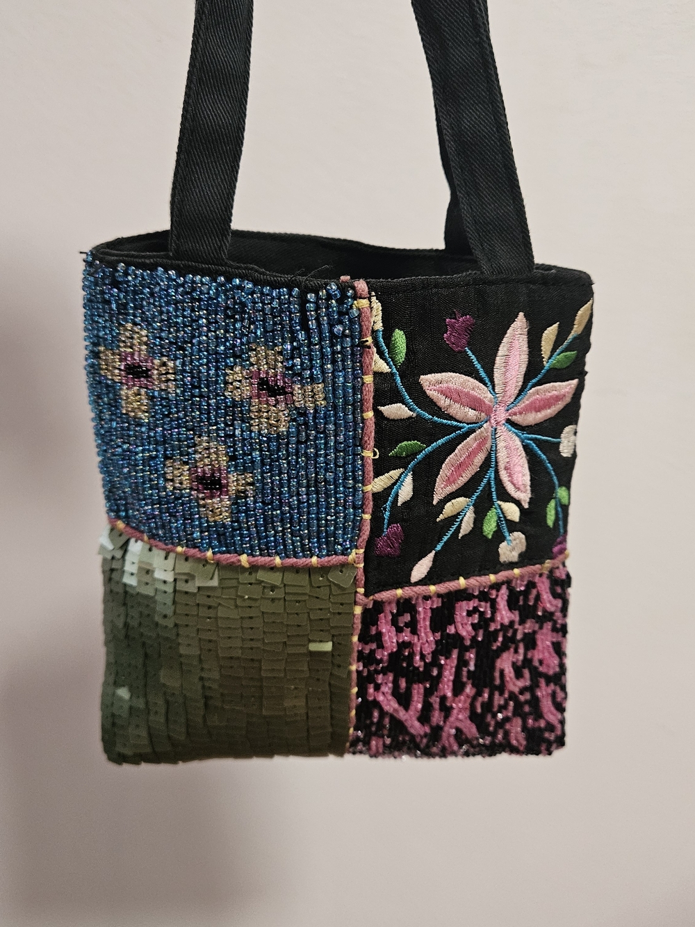 Embroidered & Beaded Patchwork Small Purse Bag - Black Multicolor